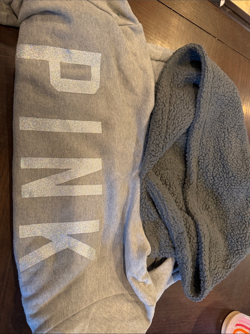 PINK Victoria's Secret Gray Sherpa-Lined Hoodie with Sparkle Drawstrings